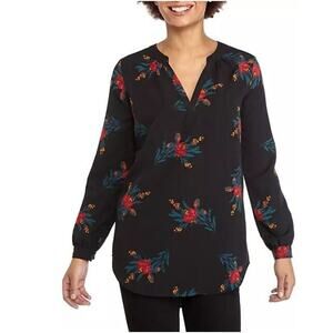 MADISON NEW $80‎ Curvy Long Sleeve Floral Popover Top Black Multi 1X
